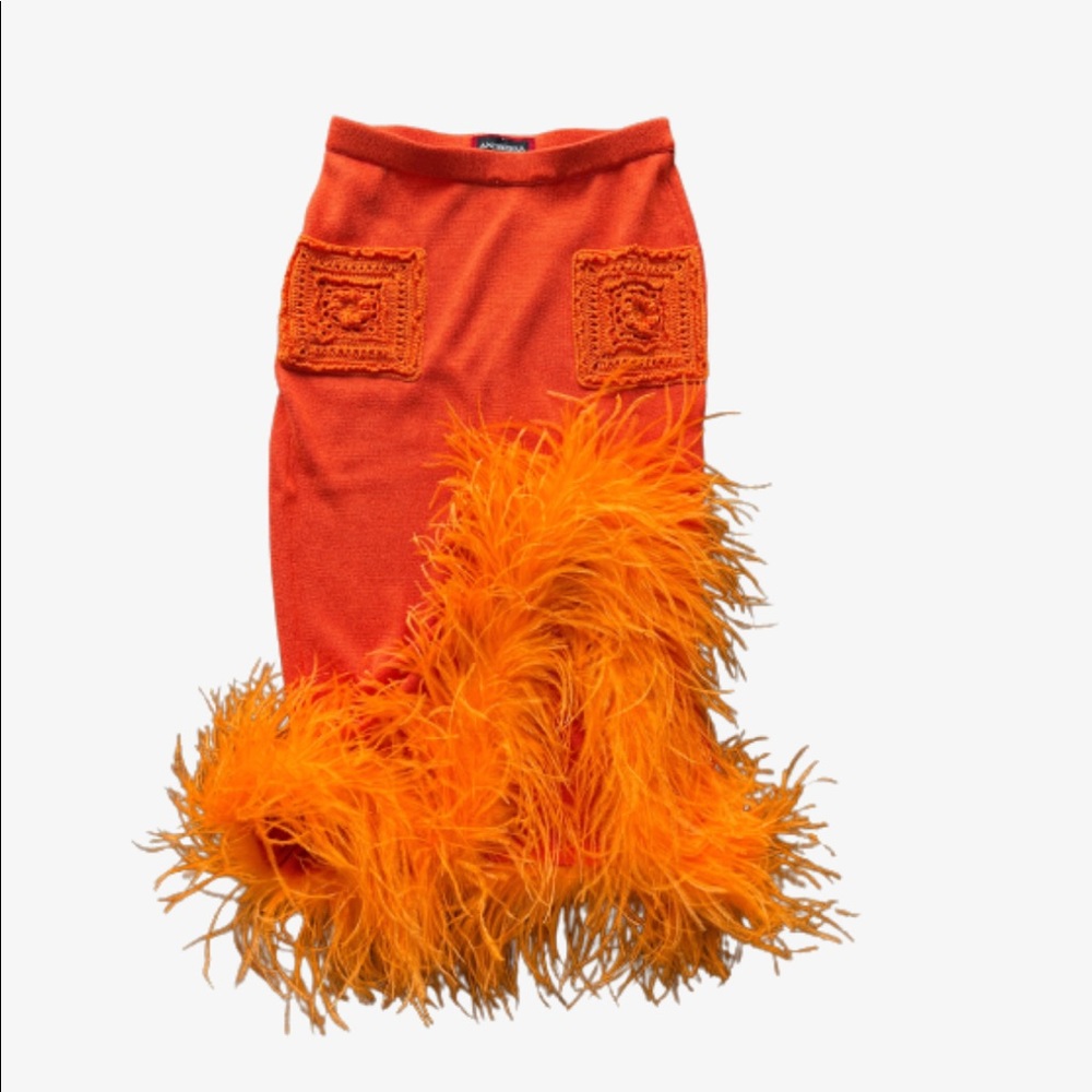 Andreeva Orange Knit Skirt With Feathers